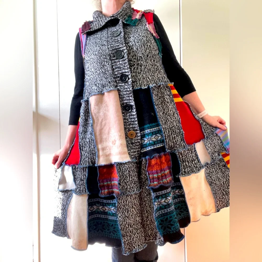 Upcycled Sweater Vest Long Cardi Boho Hippie Tiered Pixie Patchwork Cottage Core - Picture 1 of 14